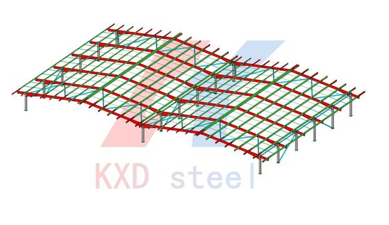 โครงสร้างโลหะอุตสาหกรรม Prefabricated Warehouse Multi Span โครงสร้างสแตนเลสแกรมและเสา